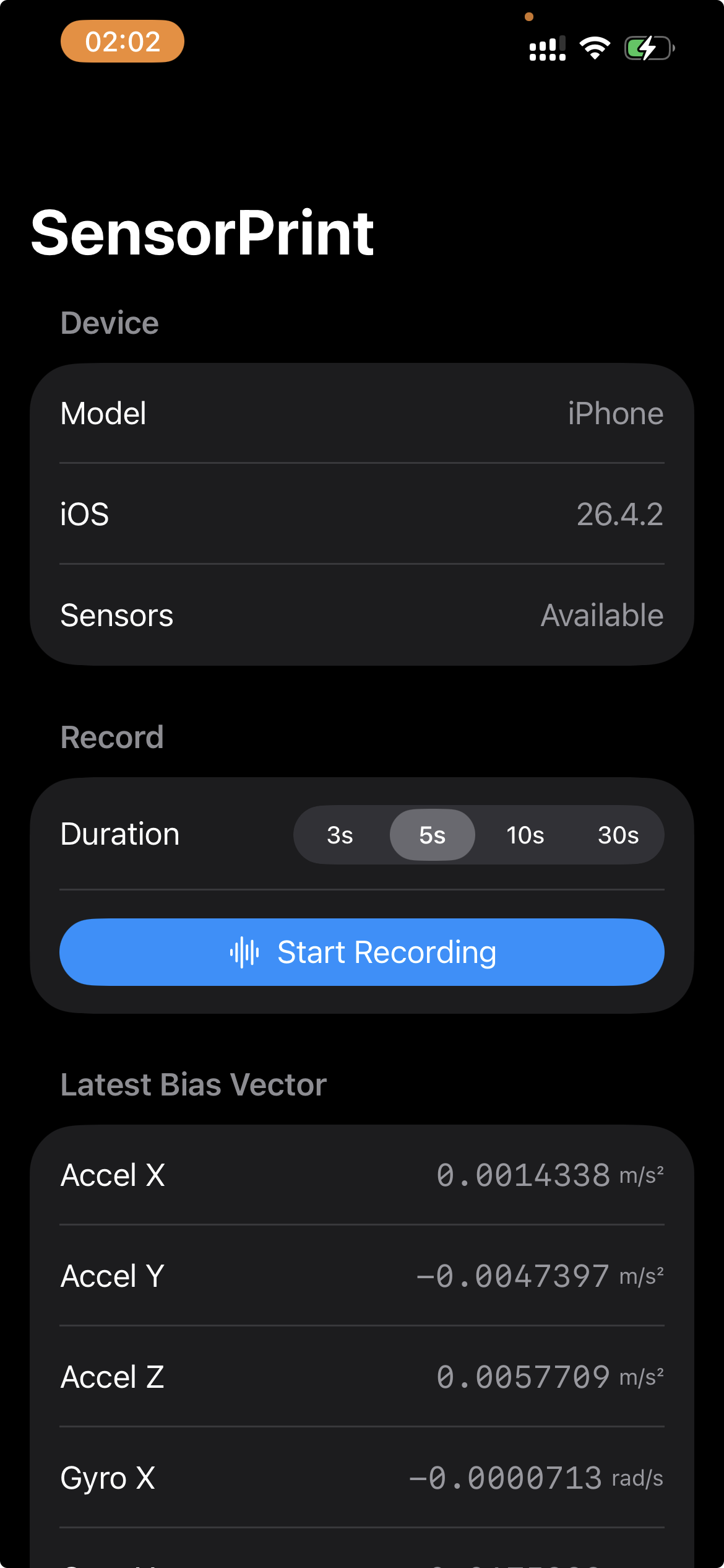 SensorPrint recording screen