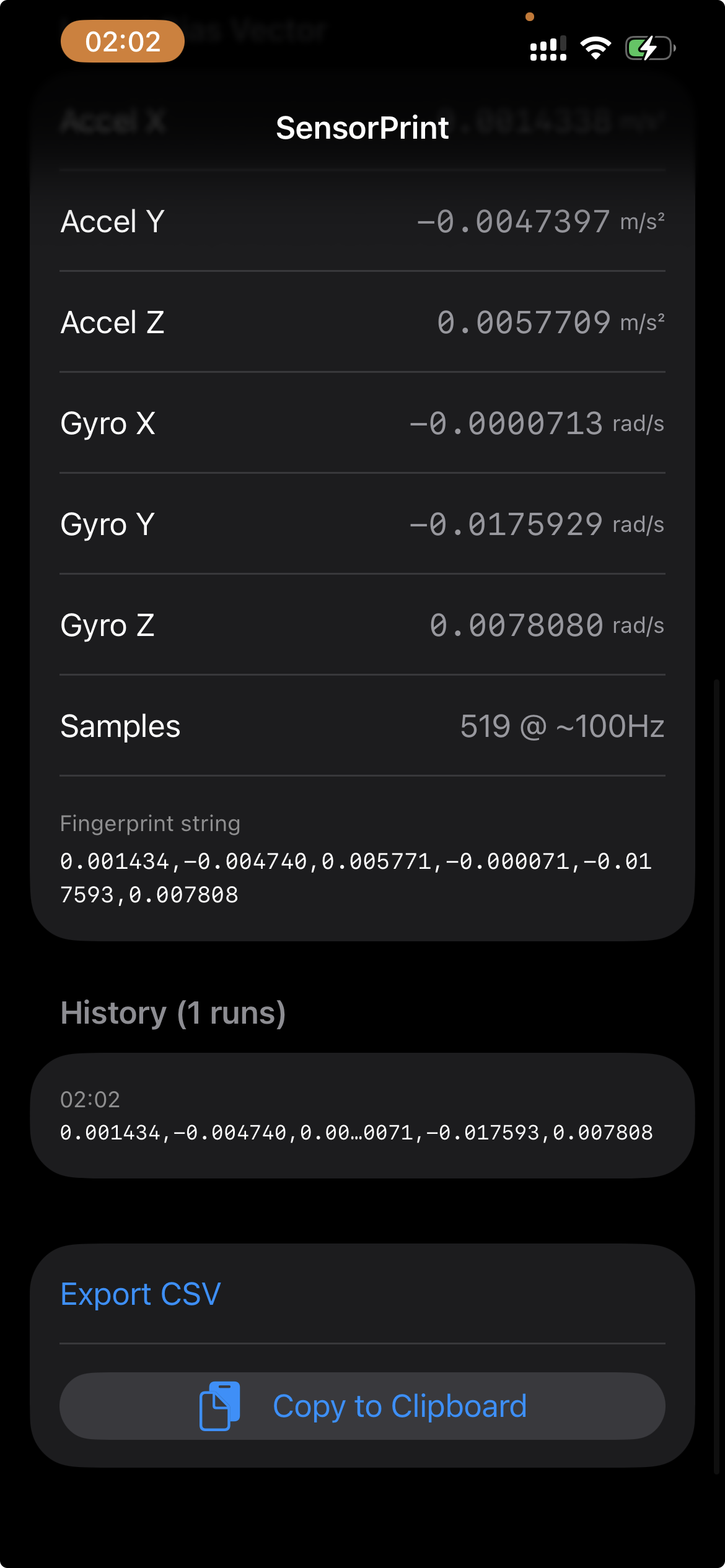 SensorPrint bias results and fingerprint string